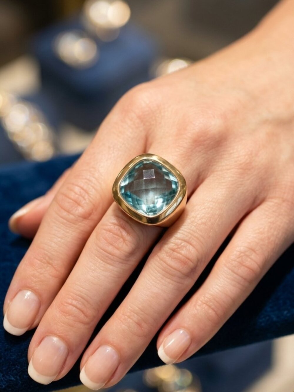 925 Sterling Silver Aquamarine Topaz Cocktail Ring Gold Plated Size 7